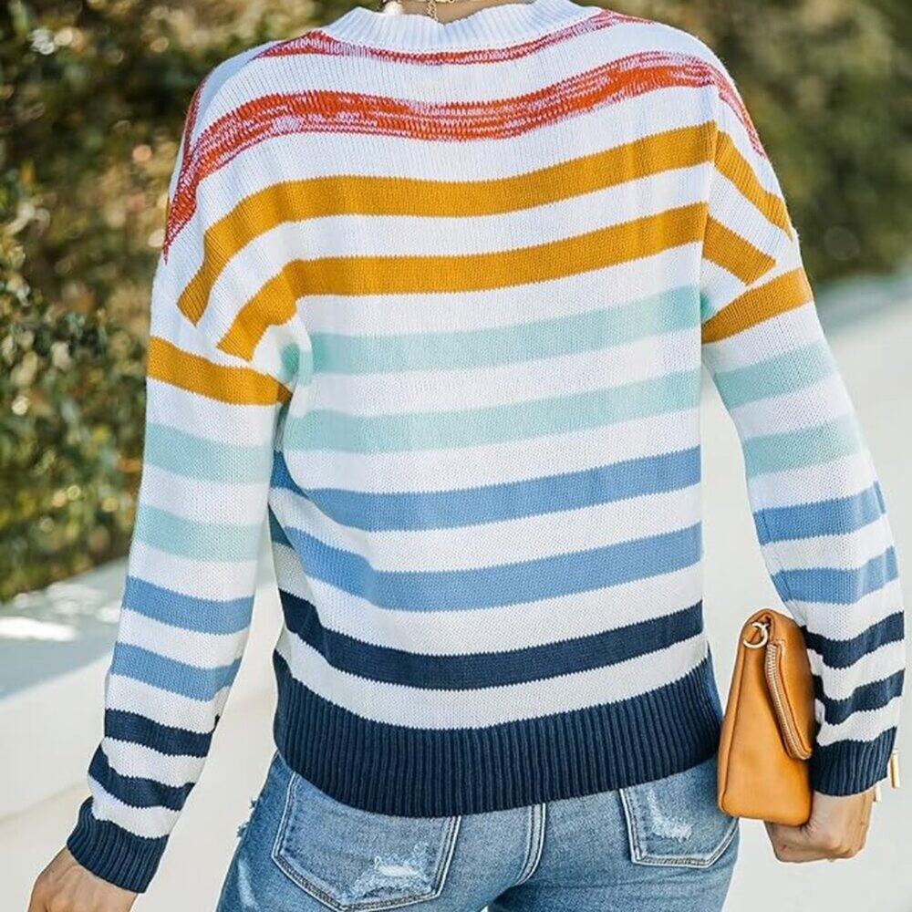 ZESICA Women's Long Sleeve Crew Neck Striped Color Block Sweater Small - Picture 4 of 8